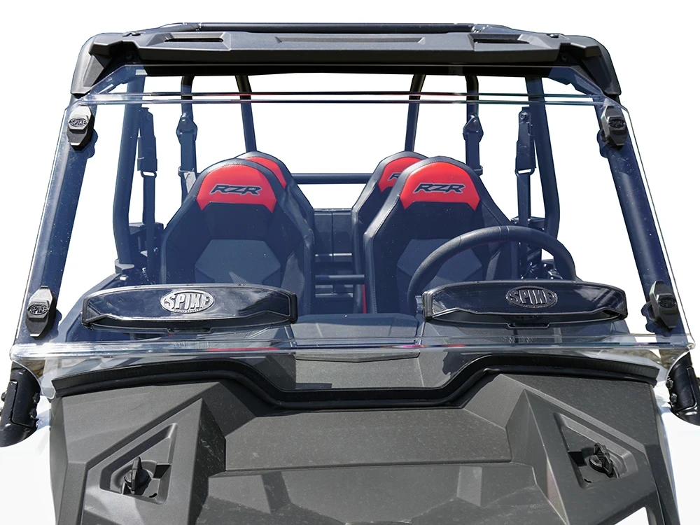 Spike windshield for Polaris RZR XP 1000: windshield with two vents on a Polaris RZR, straight front view