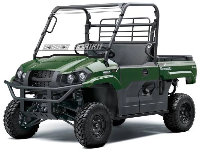 Spike windshield for Kawasaki Mule Pro-MX: vented windshield on a green Kawasaki UTV, white background