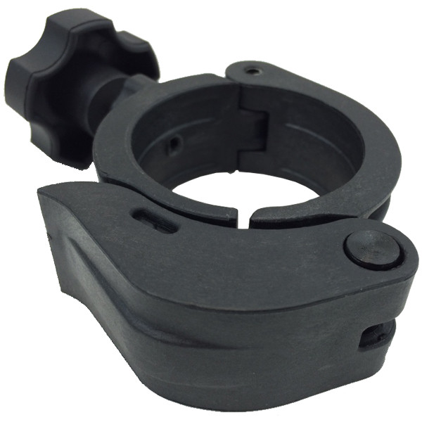 Spike replacement part for Spike windshields and roofs on 1 3/4": black flip clamp with knob, angled view on white