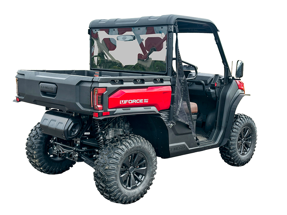 Spike rear windshield for CFMOTO UForce U10 Pro and U10 Pro XL: tinted rear shield on a red CFMoto UForce, white background