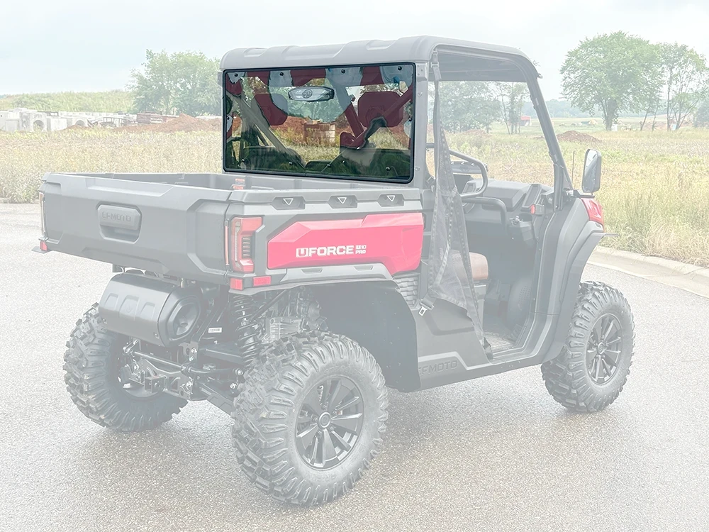 Spike rear windshield for CFMOTO UForce U10 Pro and U10 Pro XL: tinted rear shield highlighted on a faded CFMoto UForce