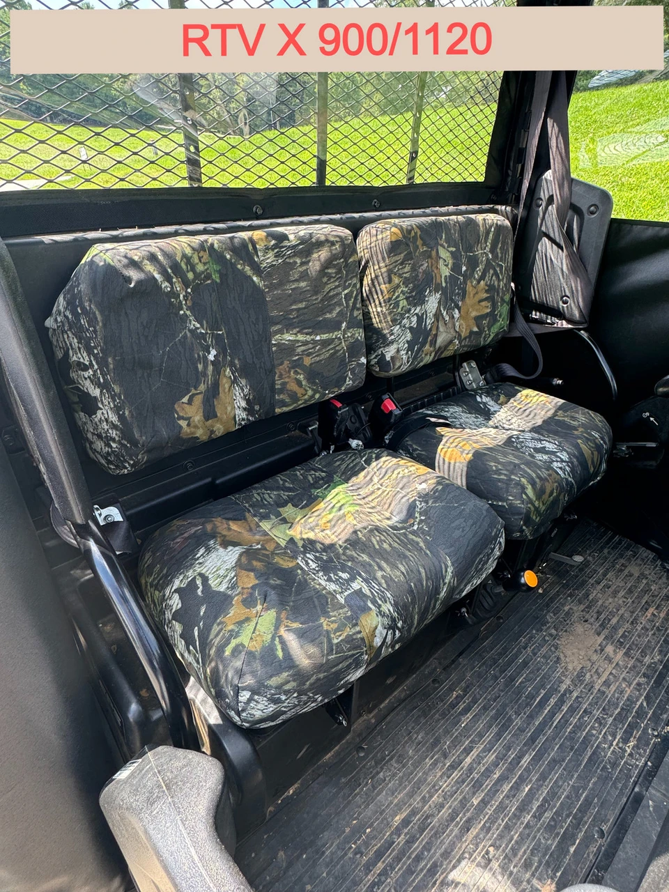 Greene Mountain Kubota seat covers in Mossy Oak camo, both seats