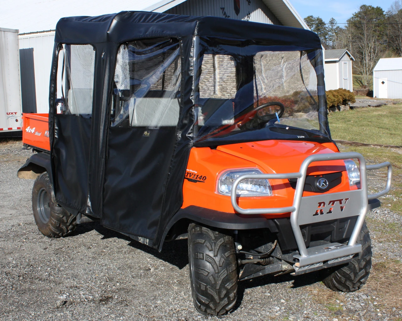 Greene Mountain Kubota full cab enclosure in black, front view