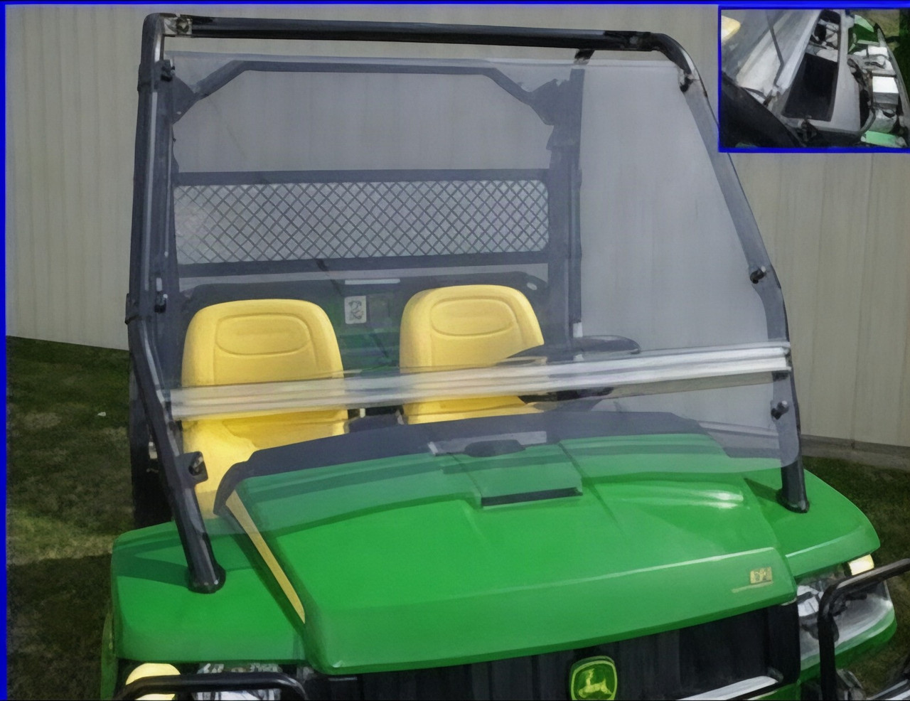 Extreme Metal Products windshield installed on a green John Deere Gator XUV, front view with inset side photo