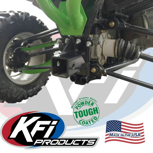 KFI 2-inch receiver hitch installed under the rear of a green Arctic Cat Wildcat 1000 between the trailing arms