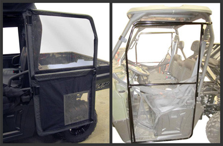 Two-view composite of the Seizmik framed door closed and swung open on a Polaris Ranger, rear three-quarter
