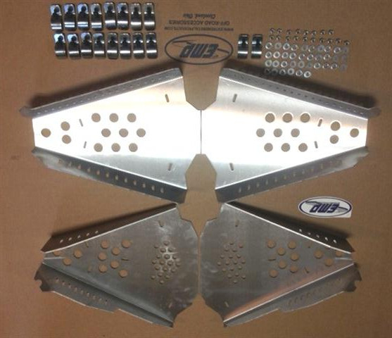 Extreme Metal Products aluminum CV boot guards for the Can-Am Maverick, four plates with clamps and hardware laid out