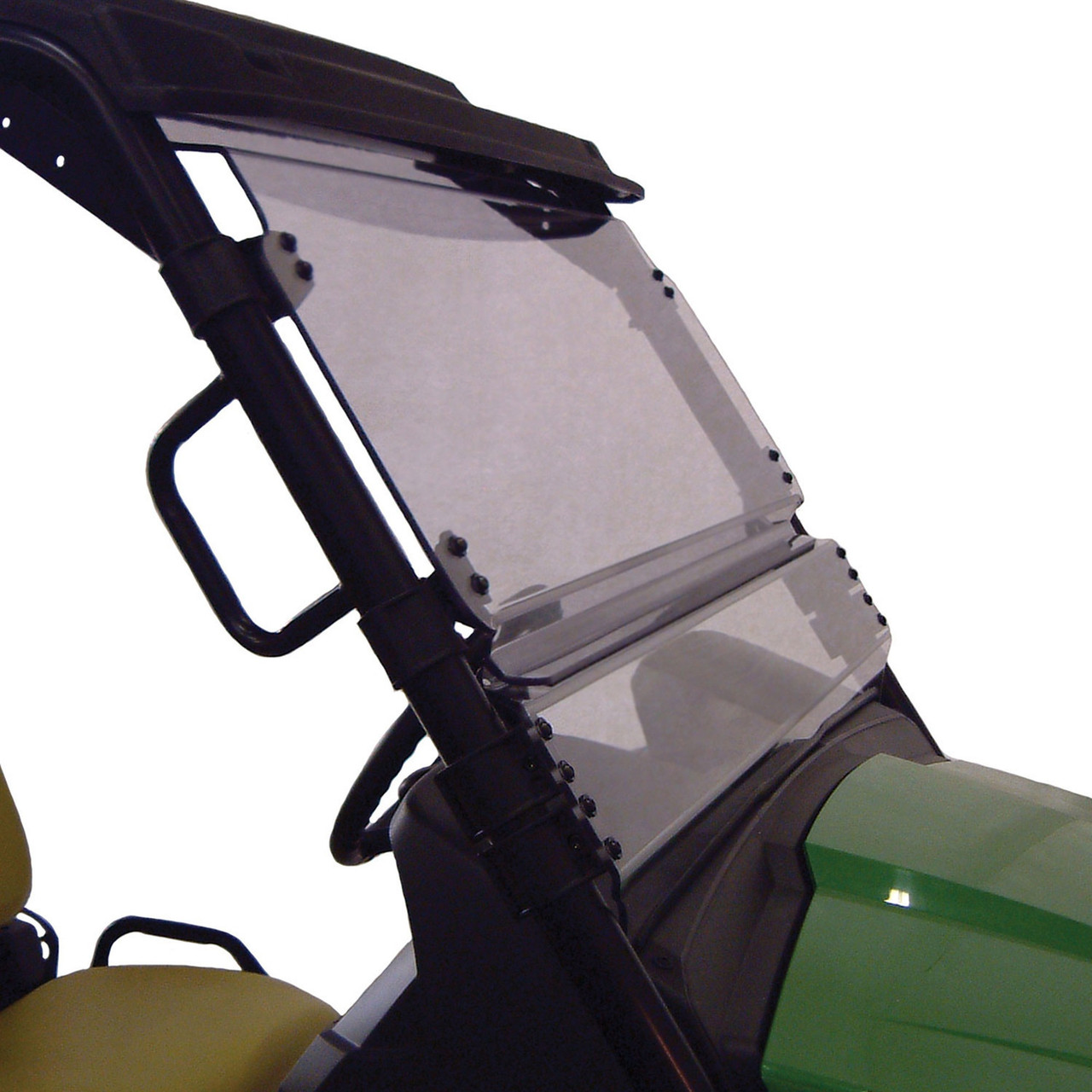 Kolpin full-tilt windshield on a John Deere XUV550/RSX850i, left side view next to the green hood
