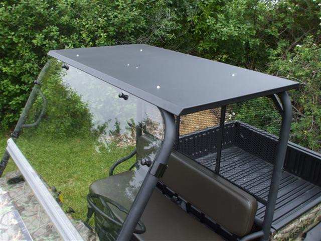 Extreme Metal Products flat black steel top on a camo Kawasaki Mule with windshield, viewed from above the front