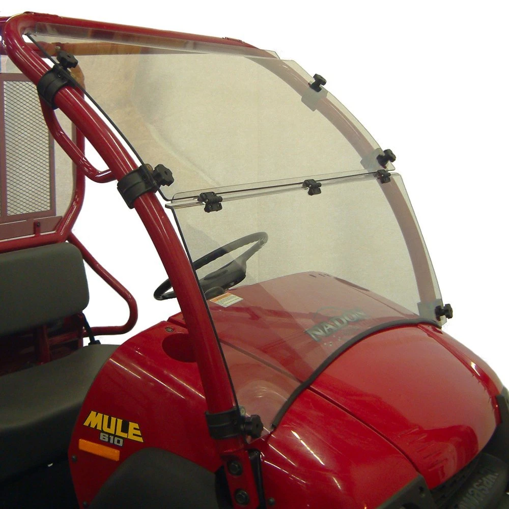 Kolpin full tilt windshield installed on a red Kawasaki Mule 610, side view with the windshield closed