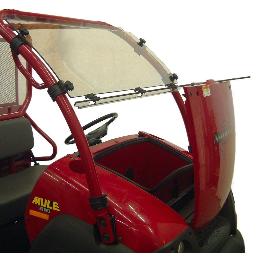 Kawasaki Mule 610 hood raised with the Kolpin full tilt windshield still mounted to the cage, side view