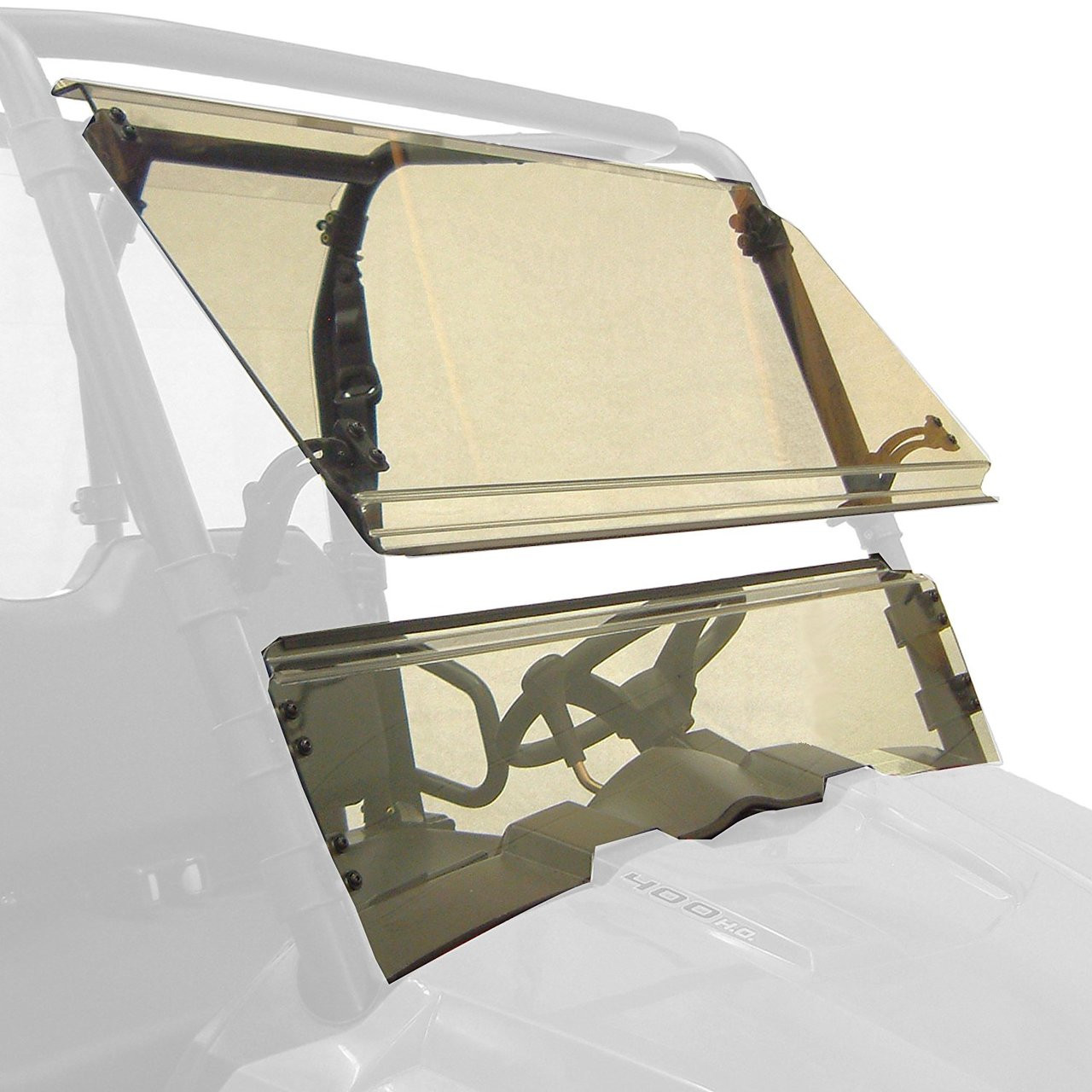 Kolpin full tilt windshield in the open position shown on a faded white outline of a Polaris Ranger