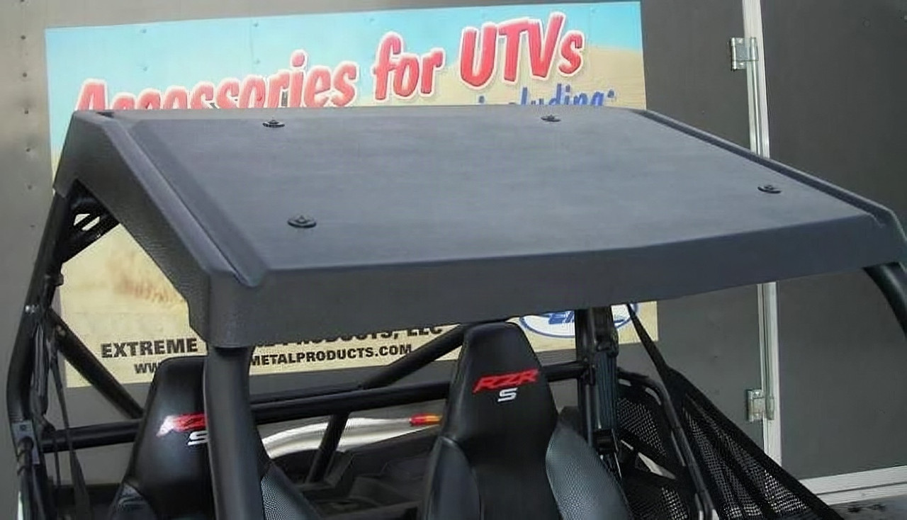 Extreme Metal Products Cooter Brown hard top installed on a Polaris RZR, viewed from above the cab