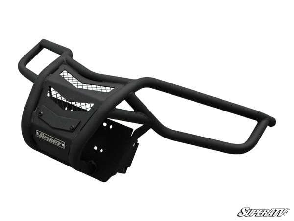 SuperATV Yamaha YXZ front bumper alone on white, black steel tube with mesh center panel and skid plate, angled view