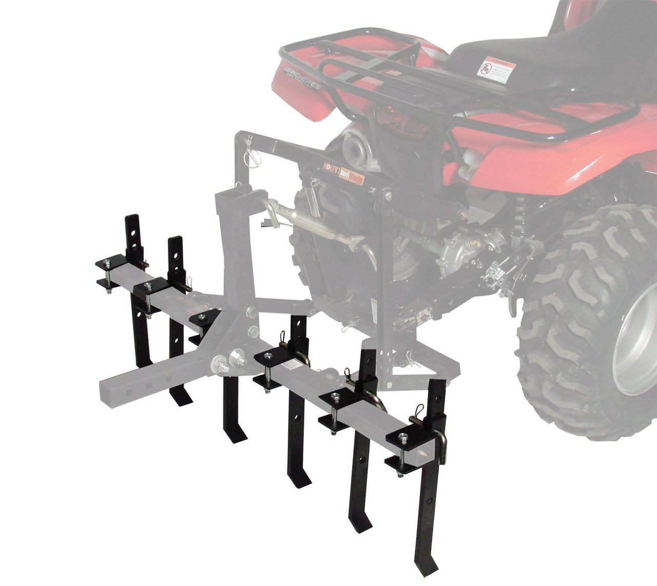 Kolpin Dirtworks chisel plow scarifier with five black tines shown mounted behind a faded red ATV, angled view