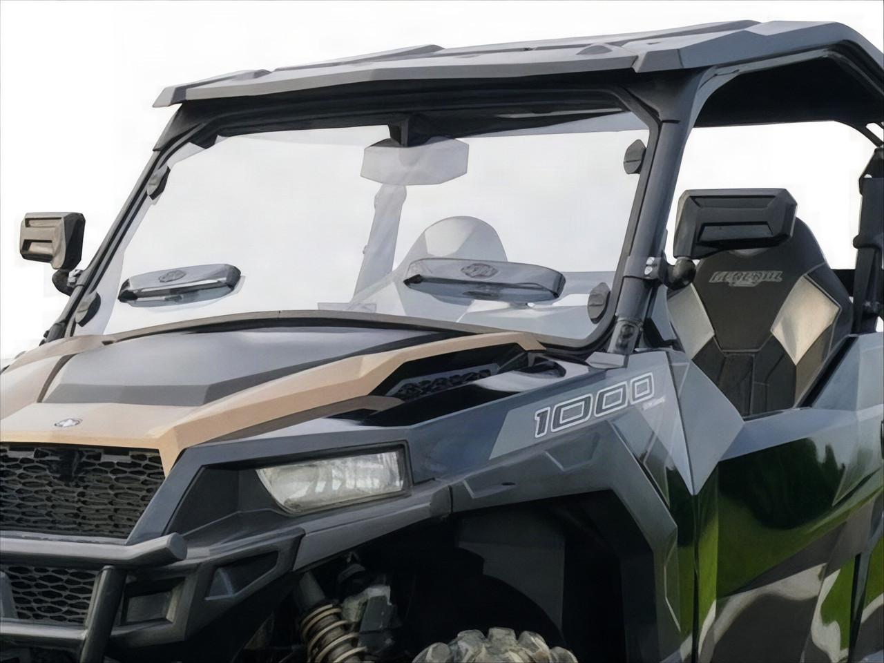 Spike Powersports vented windshield on a bronze and black Polaris General 1000, front three-quarter view with two vents