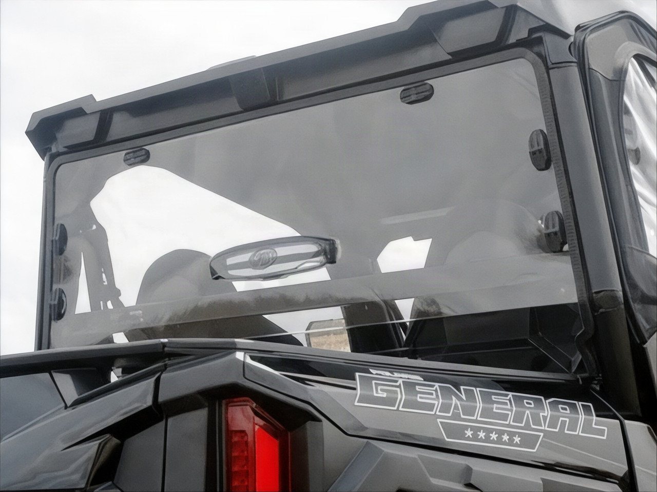 Spike Powersports rear vented window on a black Polaris General, rear view of the tinted panel with vent