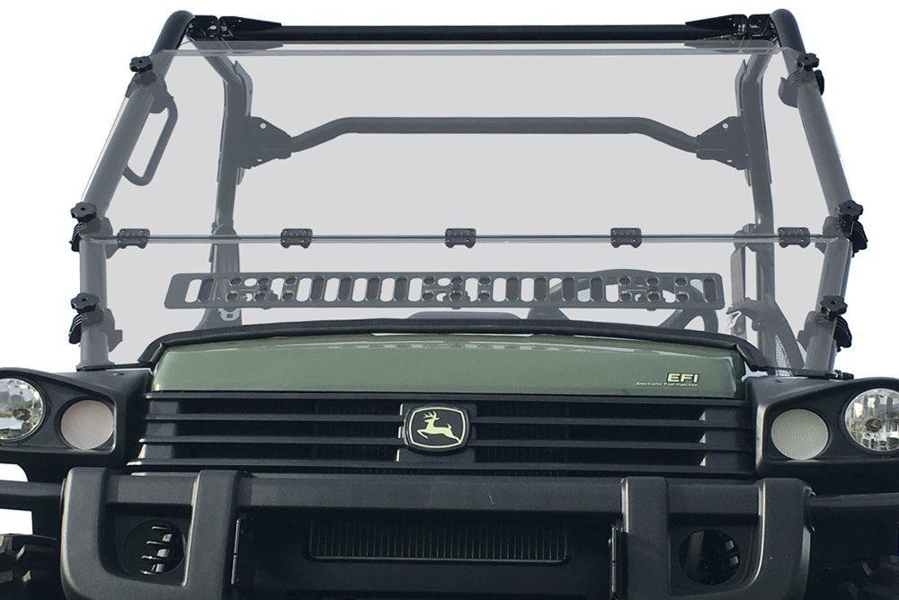 Spike Powersports vented windshield installed on a green John Deere Gator 625i/825i, straight-on front view