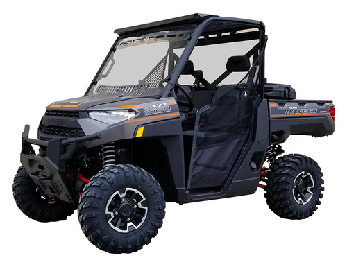 Gray Polaris Ranger XP 1000 with the Spike Powersports windshield, roof and doors, full front angle on white