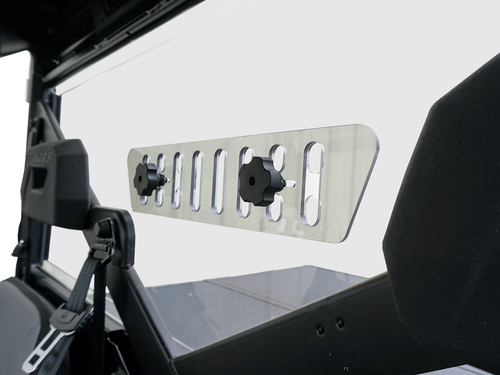 Close-up of the Spike Powersports slotted vent panel on the Polaris Ranger rear window