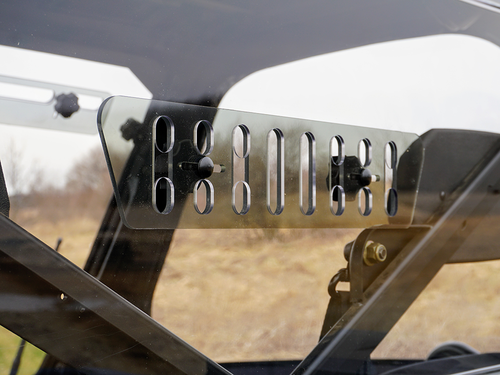 Angled close-up of the Spike Powersports rear window vent and cage clamps on the Polaris Ranger