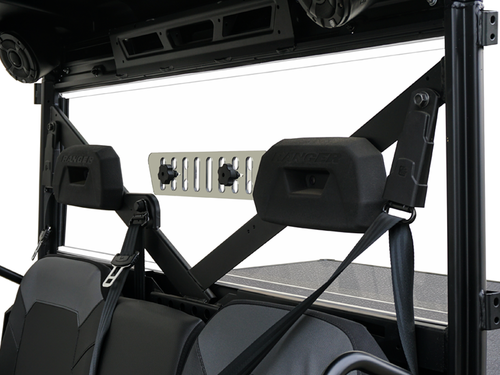 Spike Powersports vented rear window seen from inside the Polaris Ranger cab behind the seats