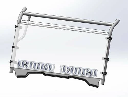 Front rendering of the Spike Powersports windshield showing the two lower vent panels for the Honda Pioneer 700