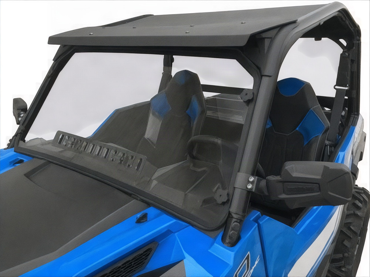 Spike Powersports ABS plastic hard roof on a blue Polaris General 1000, front three-quarter view with windshield