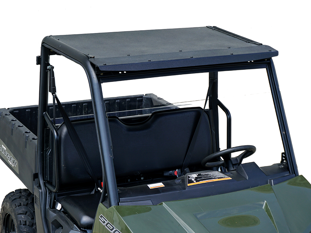 Spike roof for Polaris Ranger mid-size standard with Pro-Fit cage: black hard roof on a green UTV, high front corner