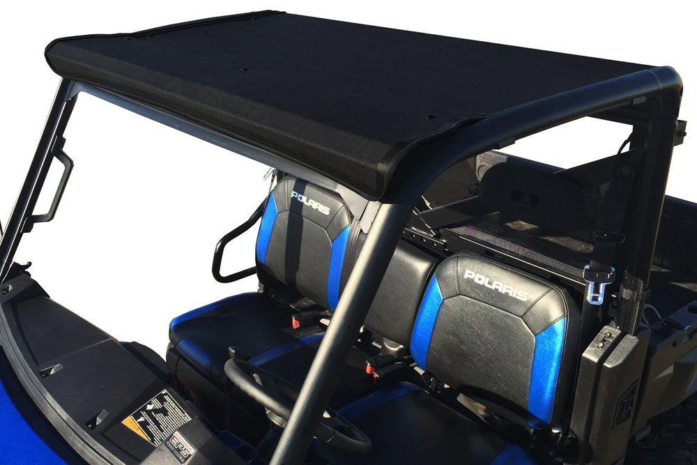 Spike Powersports full size hard roof on a blue Polaris Ranger XP900 Pro-Fit cage, front three-quarter view