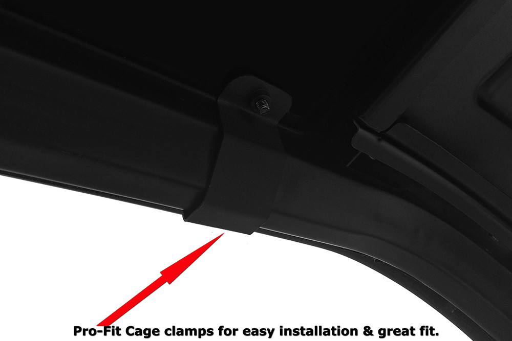 Close-up of the Pro-Fit cage clamp under the edge of the Spike Powersports hard roof