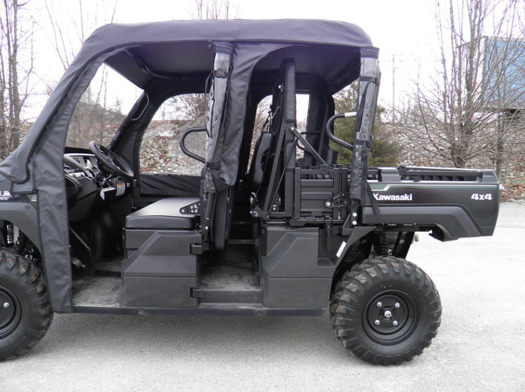 3 Star cab enclosure doors rolled open on a Kawasaki Mule ProFXT showing both rows of seats