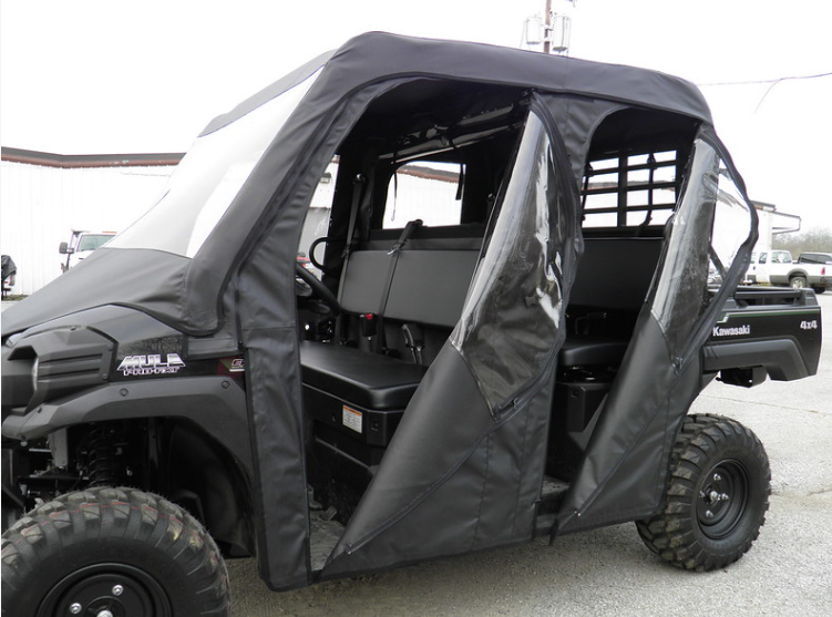 Front door of the 3 Star enclosure unzipped and folded back on a Kawasaki Mule ProFXT, front three-quarter view