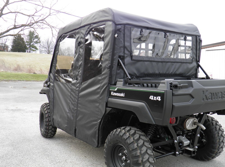 Passenger side profile of a Kawasaki Mule ProFXT with the 3 Star full cab enclosure and rear window installed