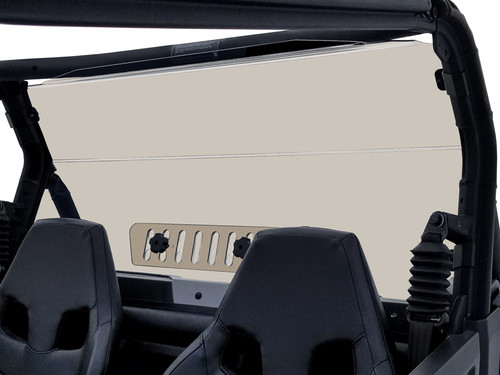 Side angle of the Spike Powersports tinted rear shield behind the Can-Am Maverick seats showing the vent thumb screws