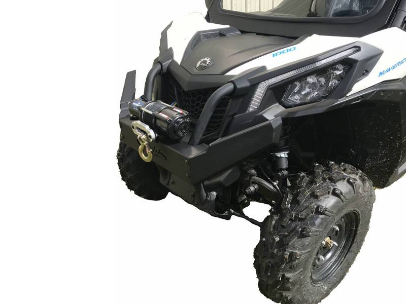Front three-quarter view of the Extreme Metal Products brush guard and winch on the Can-Am Maverick Trail, cut out on white