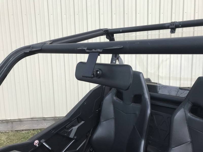 Extreme Metal Products panoramic rear view mirror close-up on the Can-Am Maverick Trail cage bar, side angle