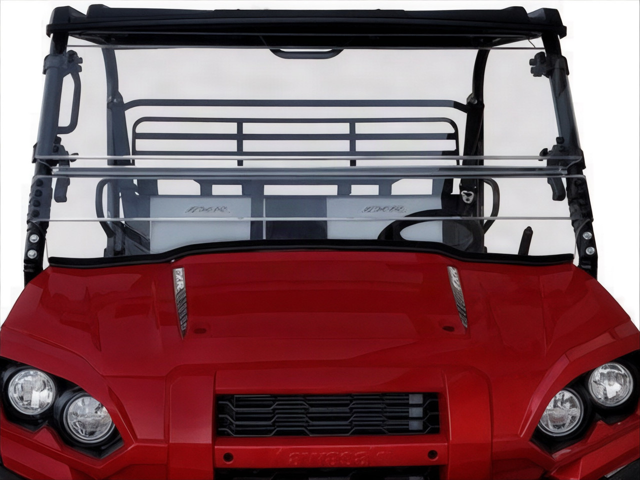 Spike Powersports full-tilting windshield installed on a red Kawasaki Mule Pro-FXR, straight-on front view in a studio