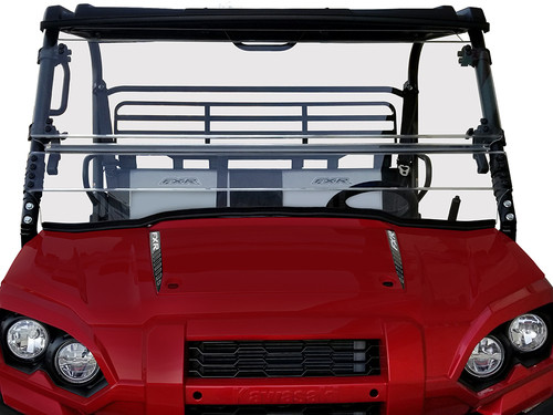Spike Powersports full-tilting windshield installed on a red Kawasaki Mule Pro-FXR, straight-on front view in a studio