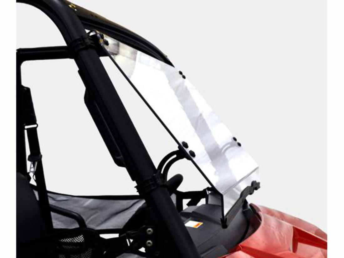 Direction 2 tilting windshield for Polaris Ranger Mid-Size 500/570 and Crew: windshield in tilted position on a red UTV,...