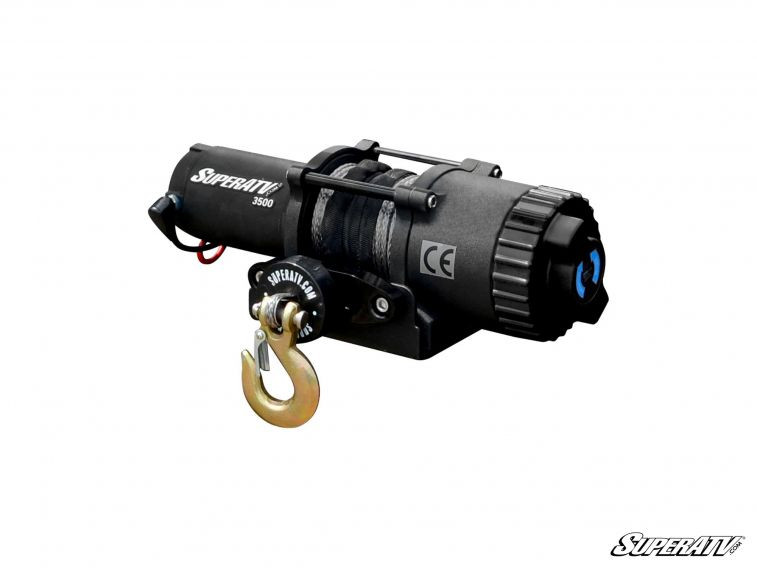 SuperATV 3500 lb synthetic rope ATV winch with black housing, hawse fairlead and clevis hook, side view