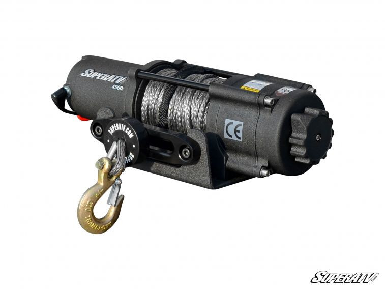SuperATV 4500 lb winch with gray synthetic rope, hook and wireless remote receiver, angled view on white