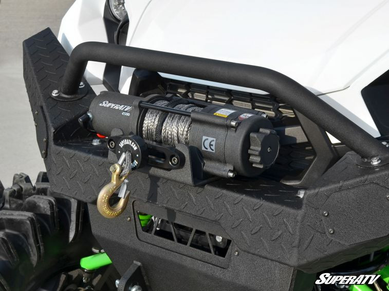 SuperATV 4500 lb synthetic rope winch installed in the black front bumper of a white side-by-side