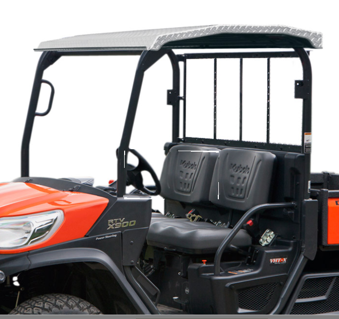 Wiedmann Bros diamond plate aluminum roof installed on an orange Kubota RTV X900, side view of the cab