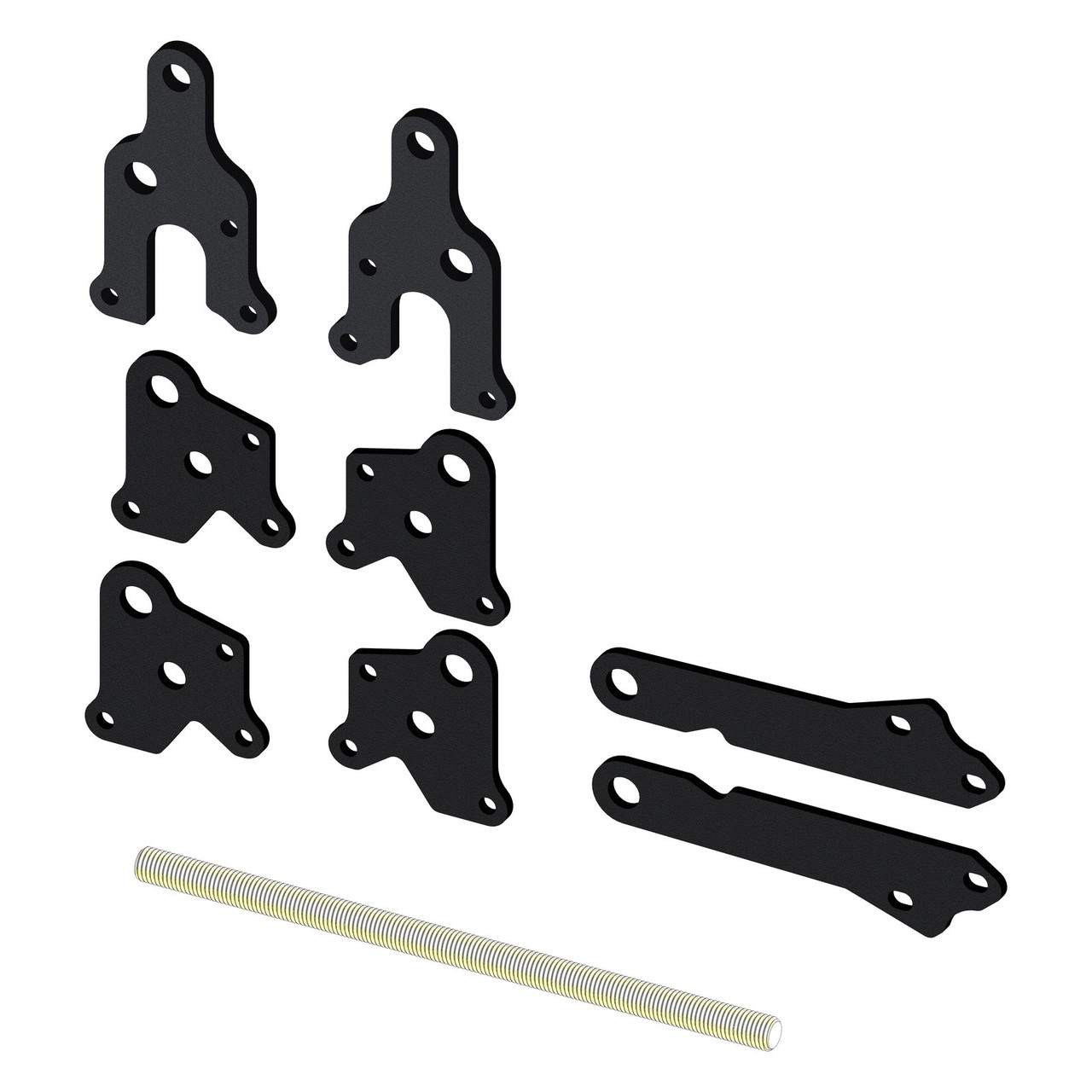 KFI 4-inch UTV plow lift kit, black steel riser brackets, link arms and pivot rod laid out on white