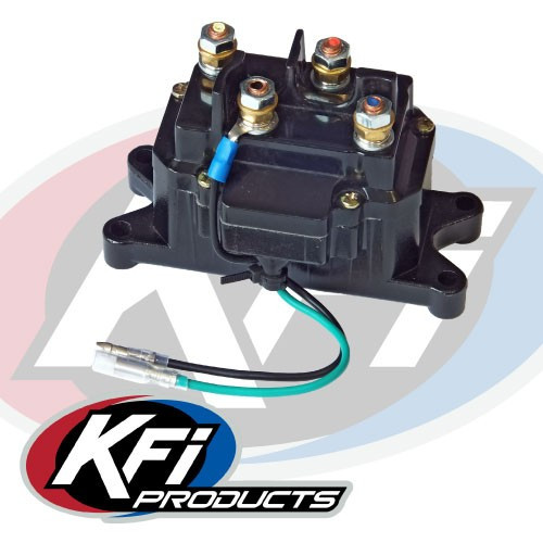 KFI 4500 lb winch contactor solenoid box with four terminal posts and a green wire lead