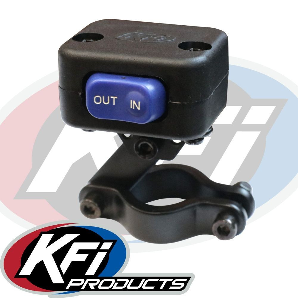 KFI 3000 lb winch handlebar-mount rocker switch with blue IN and OUT button on a clamp bracket