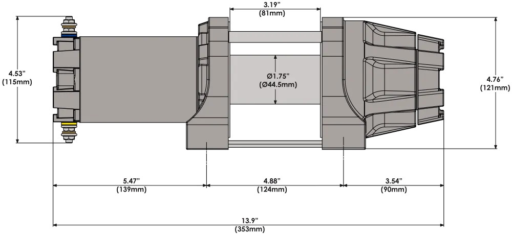 KFI AS-50 Assault winch dimension drawing with overall length, drum diameter and mounting bolt spacing in inches and mm