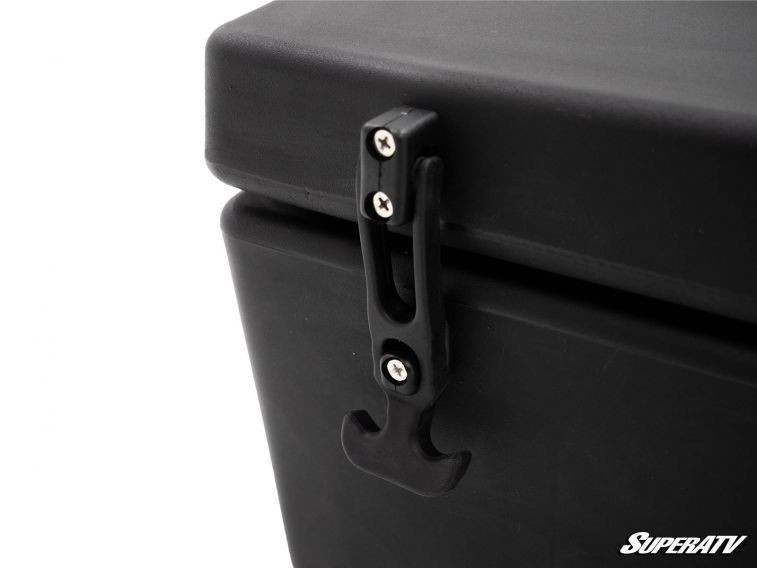 Close-up of the rubber latch strap on the corner of the SuperATV cargo box