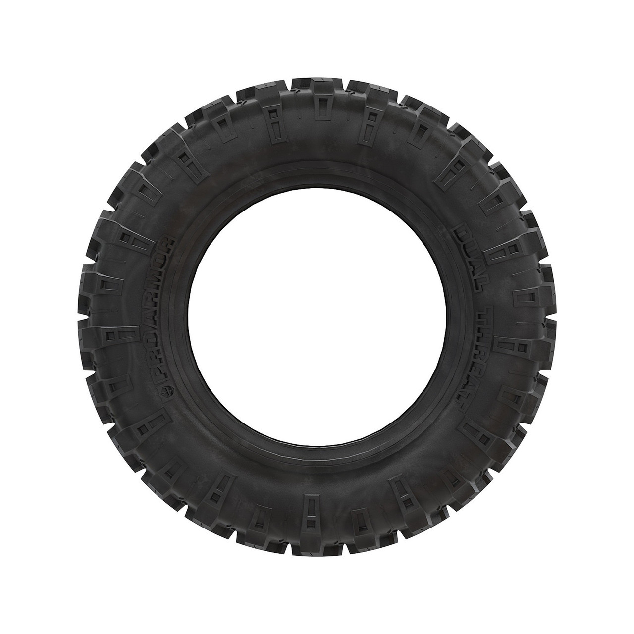 Pro Armor Dual Threat 26x11R14 rear tire, side view of the sidewall and tread blocks